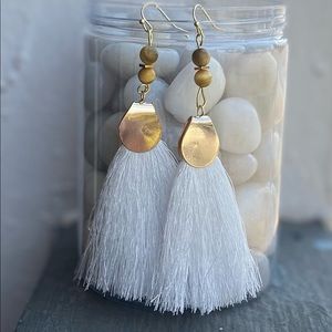 White tassel earrings with honey tigers eye.
